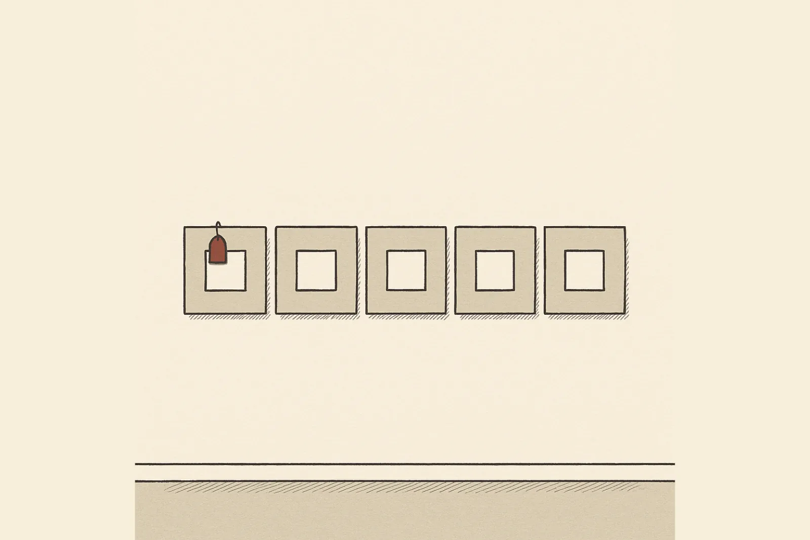 Flat catalogue-plate illustration of five identically sized square window mats hung in a tight even line on a bare gallery wall, every aperture empty, a small red tag clipped to the first