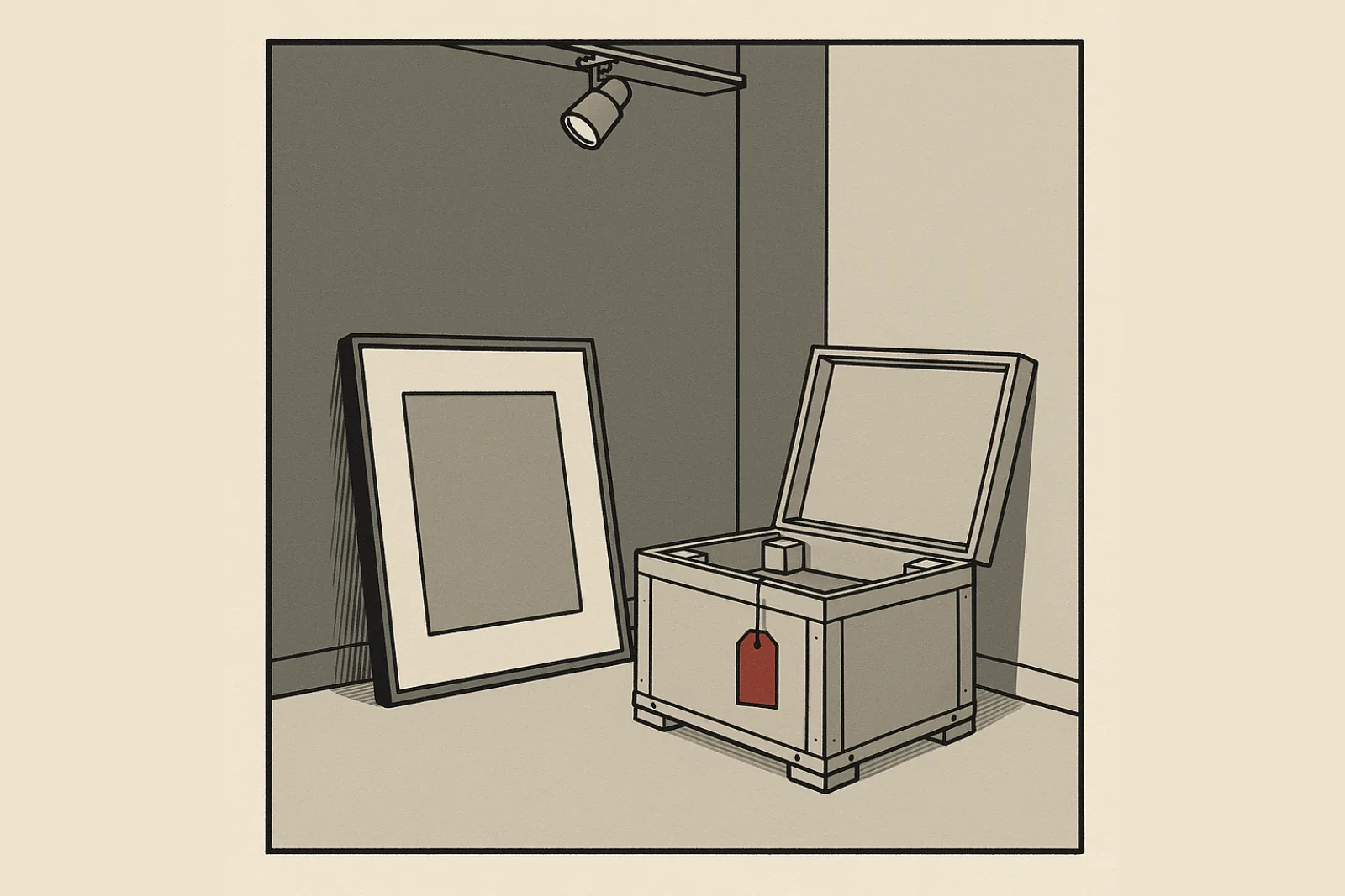 Flat catalogue-plate illustration of a dim gallery corner: one large dark-matted print in a black frame leaning against a deep grey wall beside an open packing crate with foam corners, a single red tag hanging from the crate, under one low track light