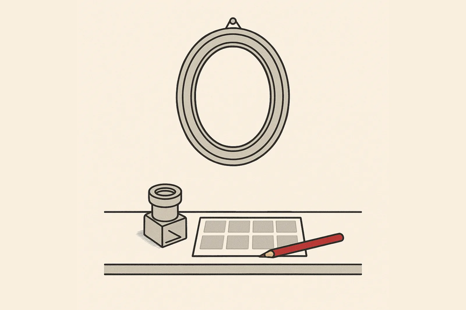 Flat catalogue-plate illustration of a single empty oval frame on a hook on a bare wall, a slide loupe resting on a contact sheet on the narrow shelf beneath, one red pencil alongside