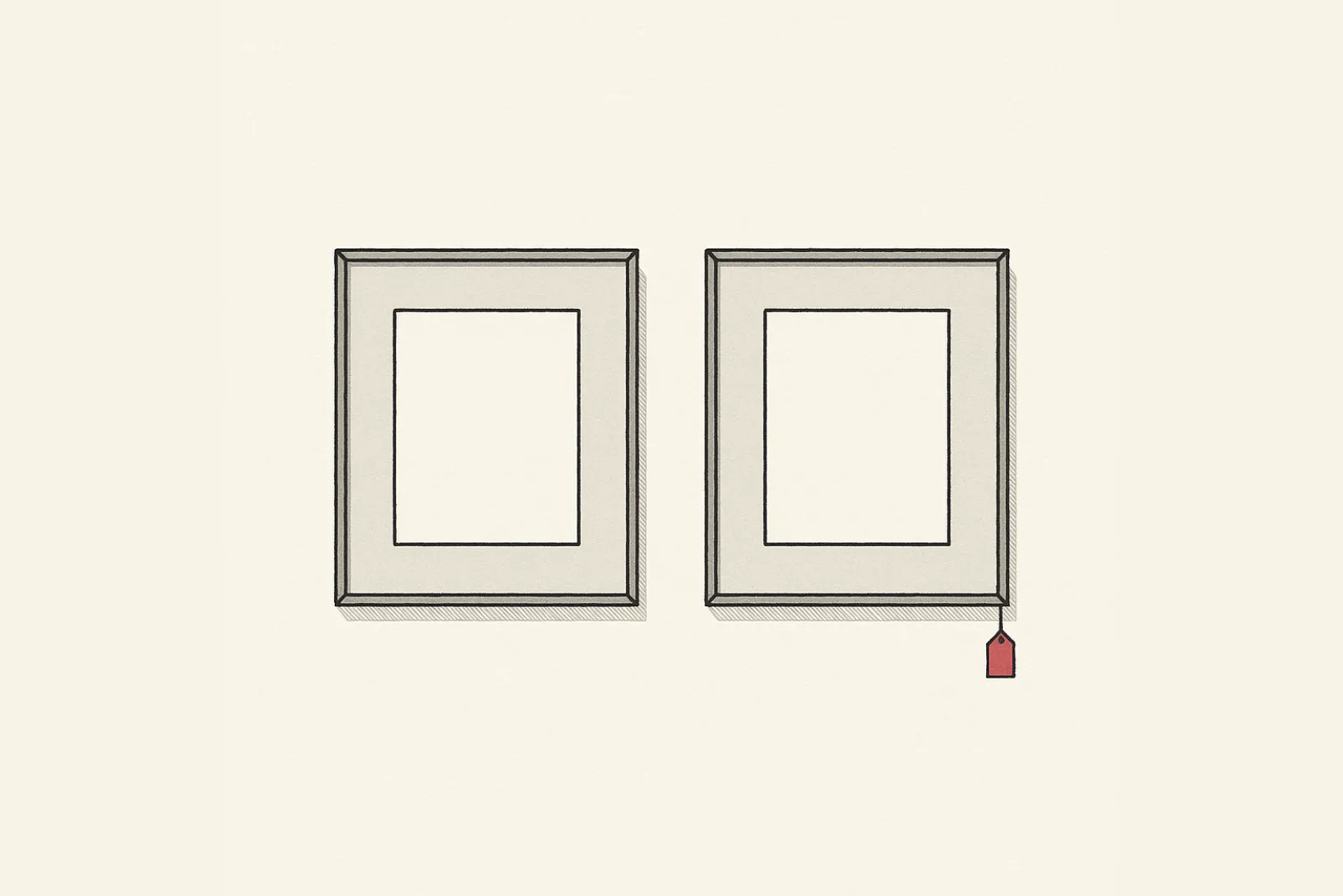 Flat catalogue-plate illustration of two identical matted frames hung side by side on a bare gallery wall, one holding a blank sheet, the other empty, a small red tag hanging from one corner