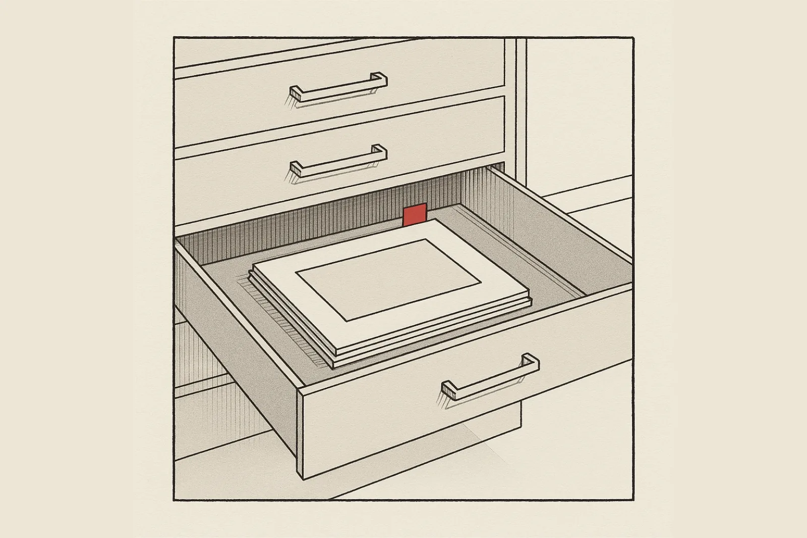 Flat catalogue-plate illustration of an open archive flat-file drawer holding a short run of matted prints at the front, the rest of the drawer empty, a single red index tab marking where the filing stops