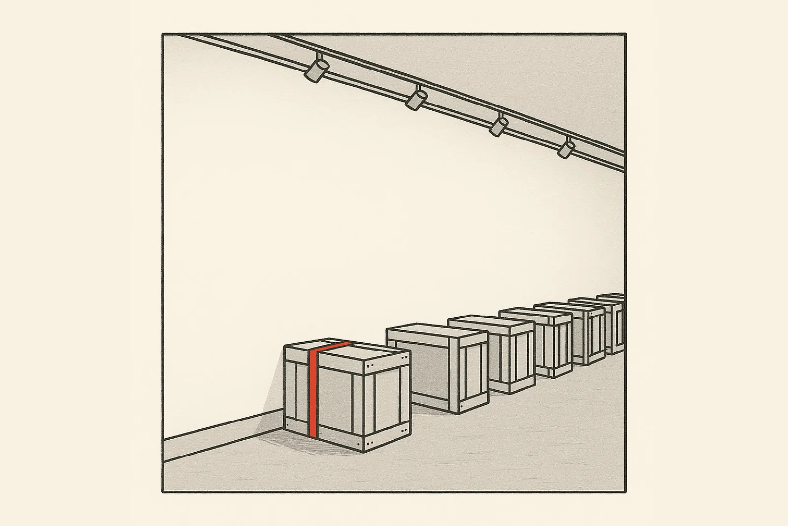 Flat catalogue-plate illustration of a long bare gallery hall wall under a ceiling track-lighting rail, a row of closed wooden shipping crates along the floor, one red strap around the nearest crate