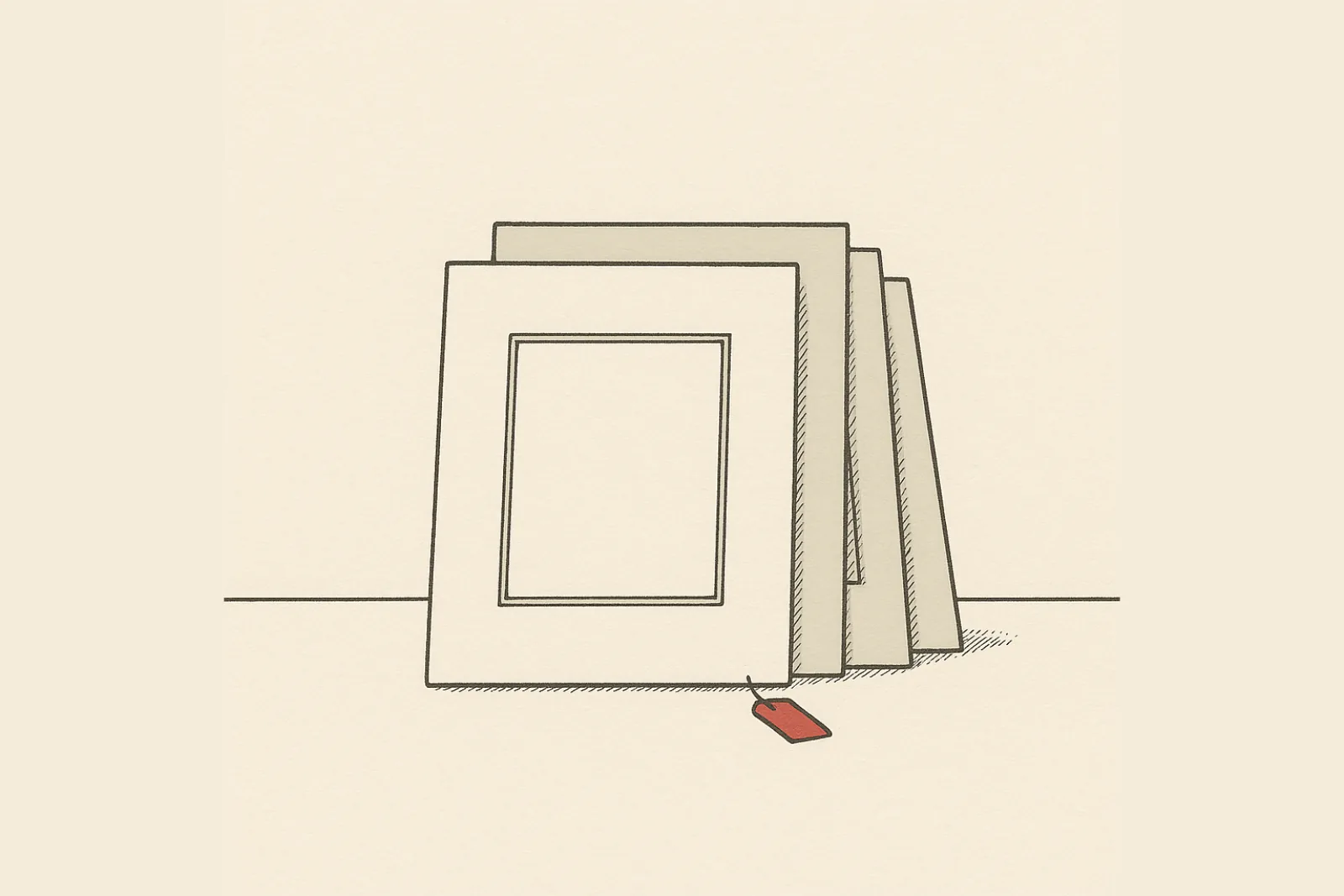 Flat catalogue-plate illustration of matted photographic prints leaning against a bare gallery wall