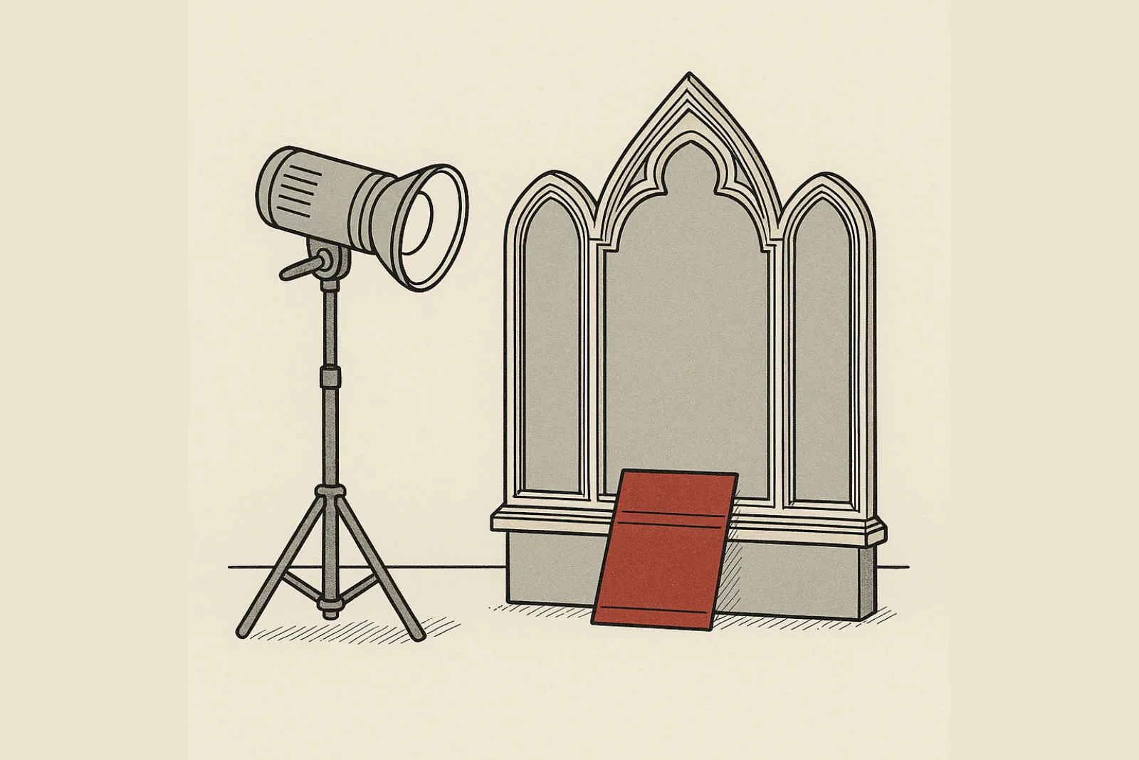 Flat catalogue-plate illustration of a studio flash head on a stand aimed at an empty gilded triptych frame leaning against a bare gallery wall, a red gel filter resting on the frame's lower edge