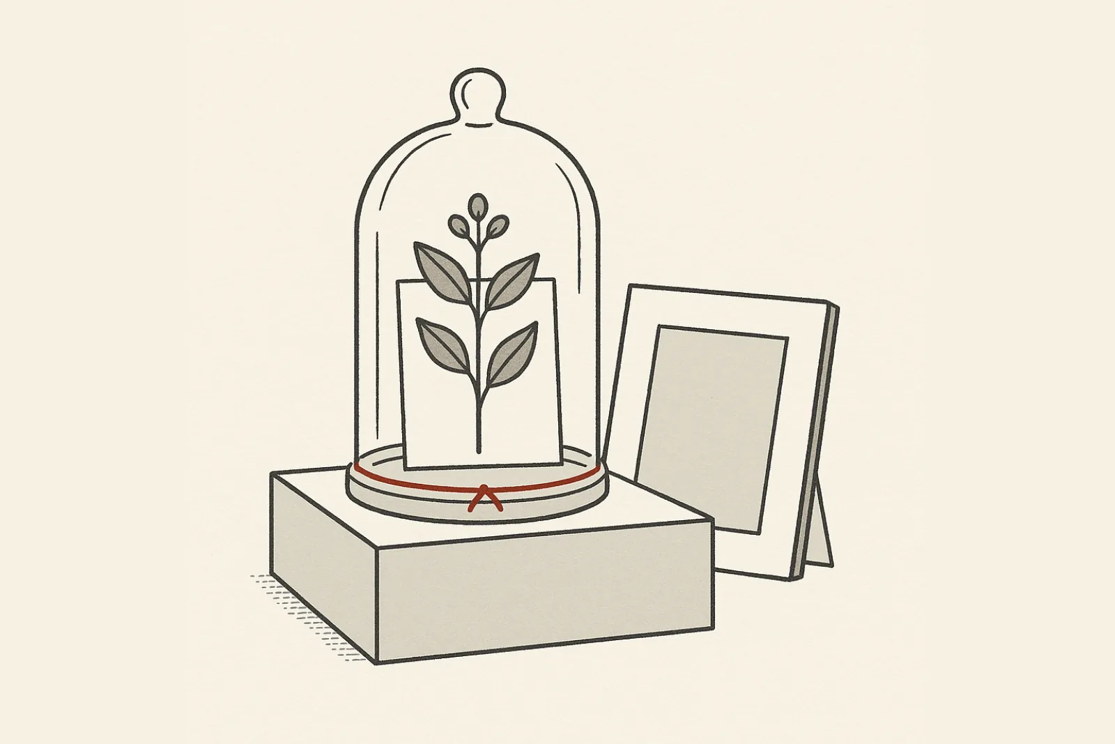 Flat catalogue-plate illustration of a low plinth carrying a glass bell-jar vitrine over a single pressed botanical specimen, a matted print leaning against the plinth, a red thread tied around the vitrine's base