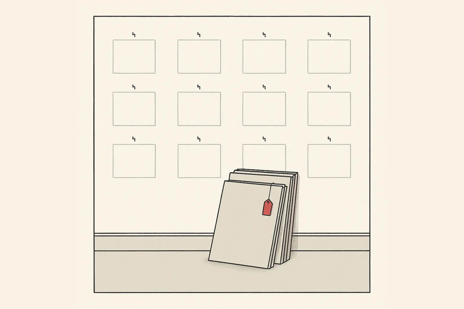 Flat catalogue-plate illustration of an emptied gallery wall: a grid of twelve pale rectangles where frames hung, a bare picture hook above each, and a stack of blank panels leaning against the skirting with a single red tag hanging from the front one